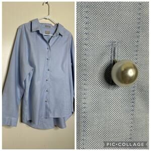 Chicos Size 3 US 16 Blue No Iron Pearl Button Front Shirt Cotton Career Casual